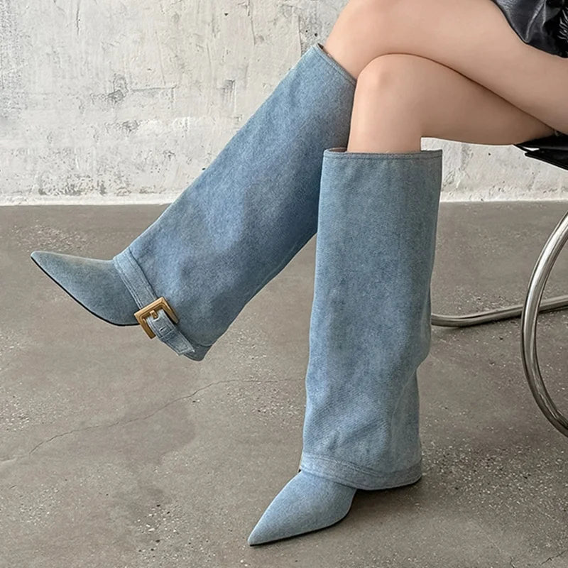 Knee High Cowboy Boots Women's Luxury Pointed Toe Heels Shoes 2025 Elegant Party Long Chelsea Boots Winter New Pumps Mujer Botas