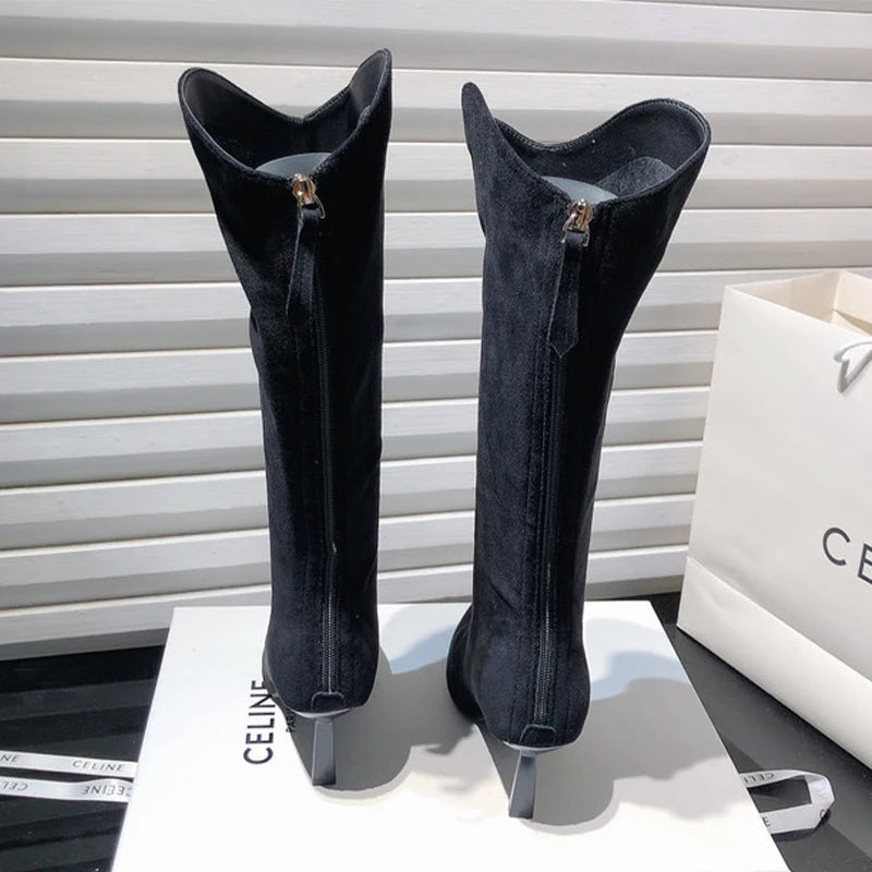 High Heels Women Boots Pointed Toe Shoes Sexy Knee High Fur Boots 2026 Winter Luxury Brand Pumps Suede Snow Boots Mujer Zapatos