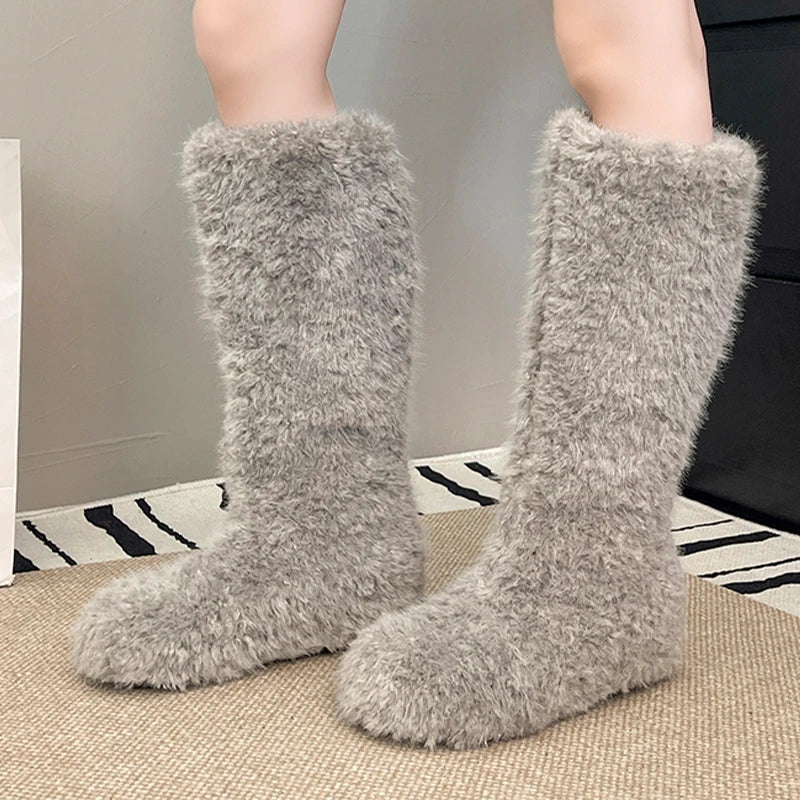 Fur Flats Women's High Boots Warm Designer Cotton Shoes Cozy Dress Winter Snow Boots 2025 New Fashion Knee High Botas De Mujer