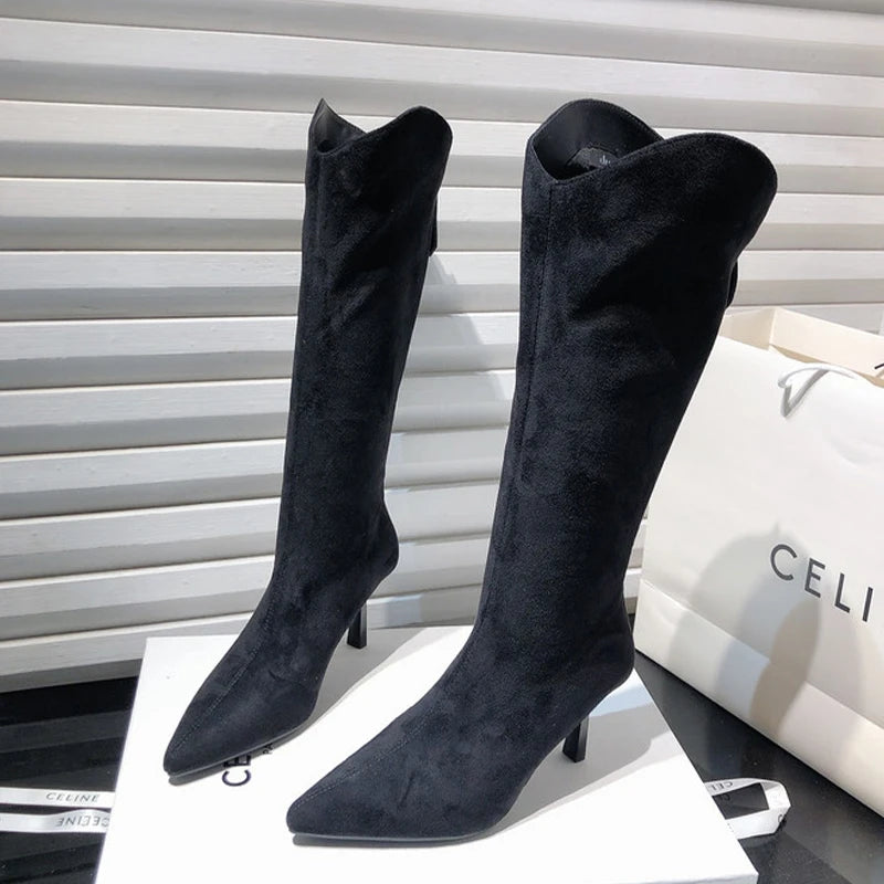 High Heels Women Boots Pointed Toe Shoes Sexy Knee High Fur Boots 2026 Winter Luxury Brand Pumps Suede Snow Boots Mujer Zapatos