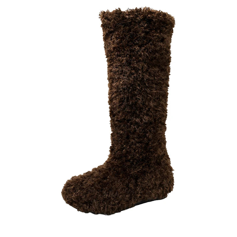 Fur Flats Women's High Boots Warm Designer Cotton Shoes Cozy Dress Winter Snow Boots 2025 New Fashion Knee High Botas De Mujer
