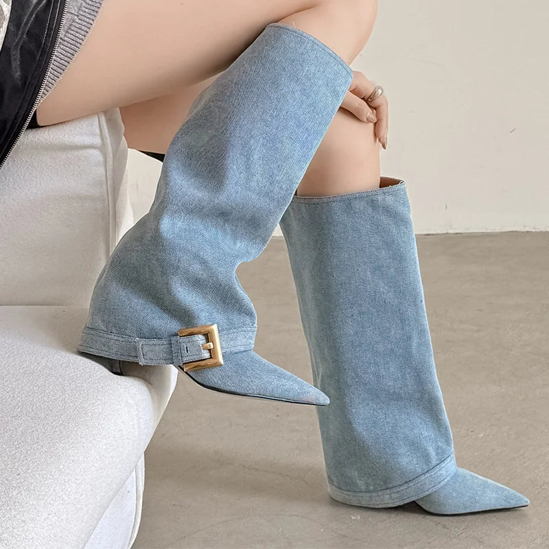 Knee High Cowboy Boots Women's Luxury Pointed Toe Heels Shoes 2025 Elegant Party Long Chelsea Boots Winter New Pumps Mujer Botas