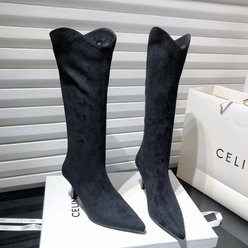 High Heels Women Boots Pointed Toe Shoes Sexy Knee High Fur Boots 2026 Winter Luxury Brand Pumps Suede Snow Boots Mujer Zapatos