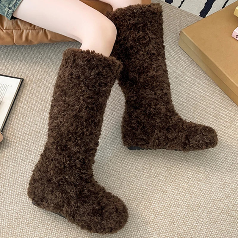 Fur Flats Women's High Boots Warm Designer Cotton Shoes Cozy Dress Winter Snow Boots 2025 New Fashion Knee High Botas De Mujer