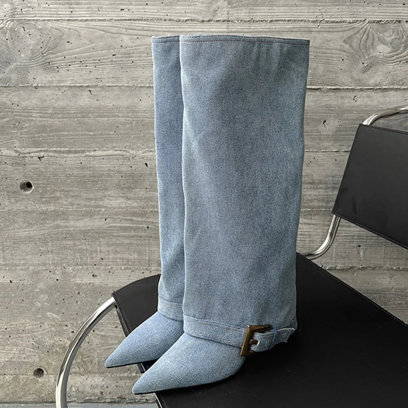 Knee High Cowboy Boots Women's Luxury Pointed Toe Heels Shoes 2025 Elegant Party Long Chelsea Boots Winter New Pumps Mujer Botas