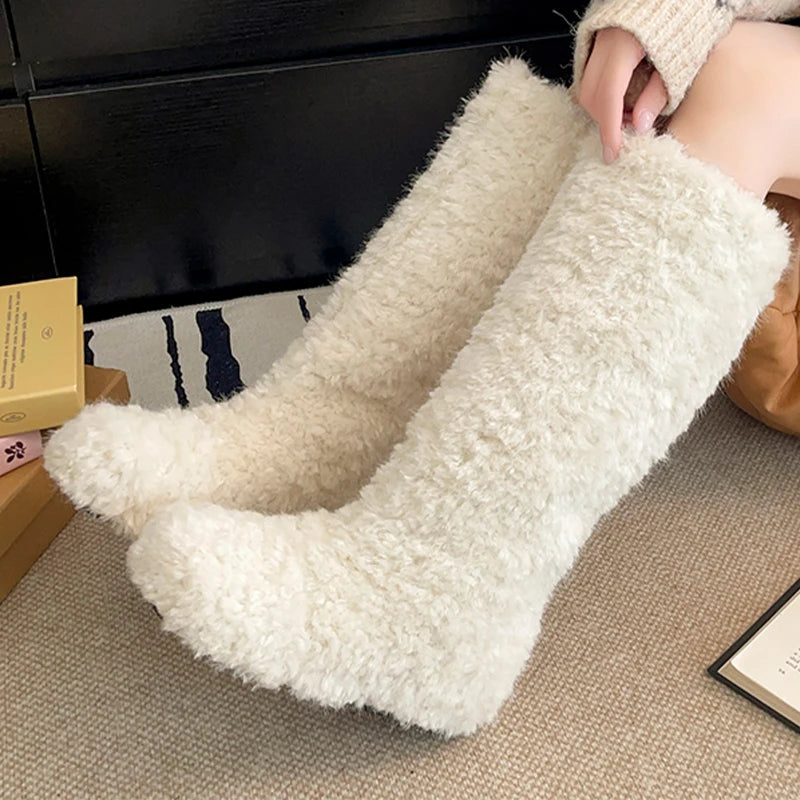 Fur Flats Women's High Boots Warm Designer Cotton Shoes Cozy Dress Winter Snow Boots 2025 New Fashion Knee High Botas De Mujer