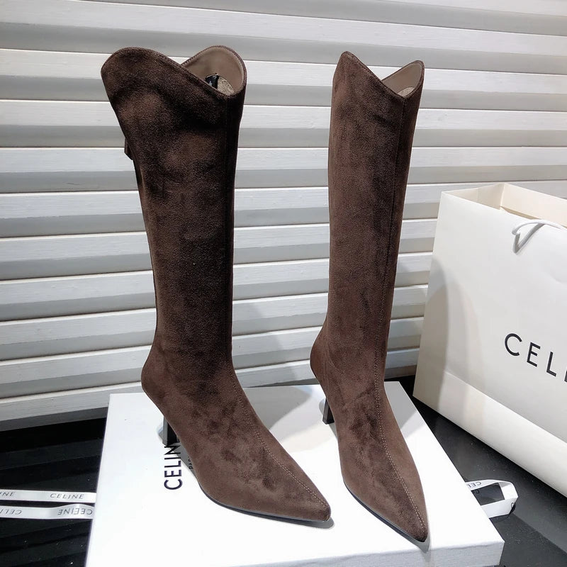 High Heels Women Boots Pointed Toe Shoes Sexy Knee High Fur Boots 2026 Winter Luxury Brand Pumps Suede Snow Boots Mujer Zapatos