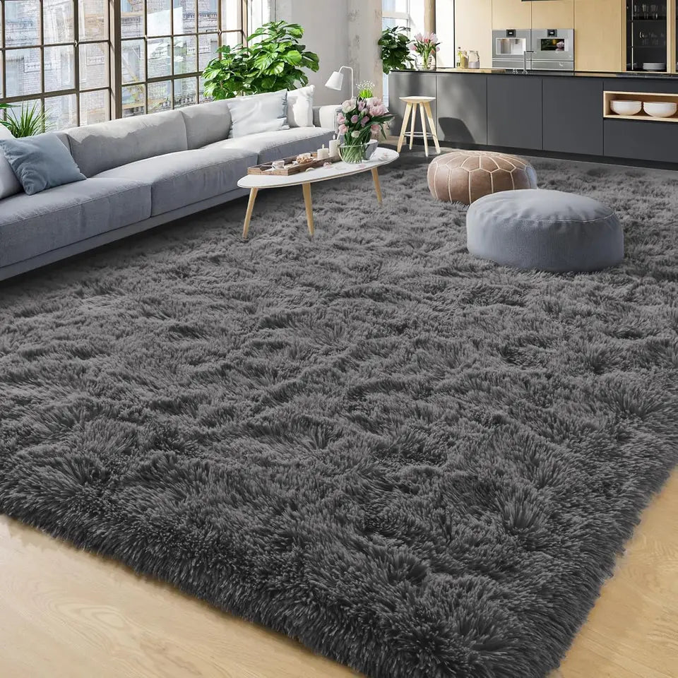 Fluffy Large Carpet for Living Room Gray Non-Slip Machine Washable Plush Area Rugs for Bedroom Soft Thick Floor Mats